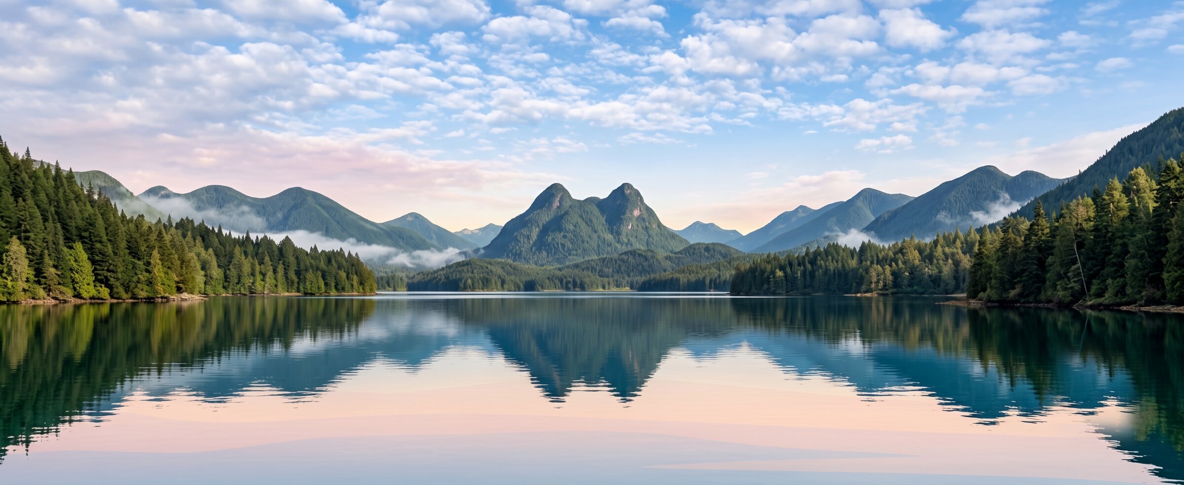 Still inlet water reflecting rainforest and peaks — Clayoquot Sound boat tour scenery