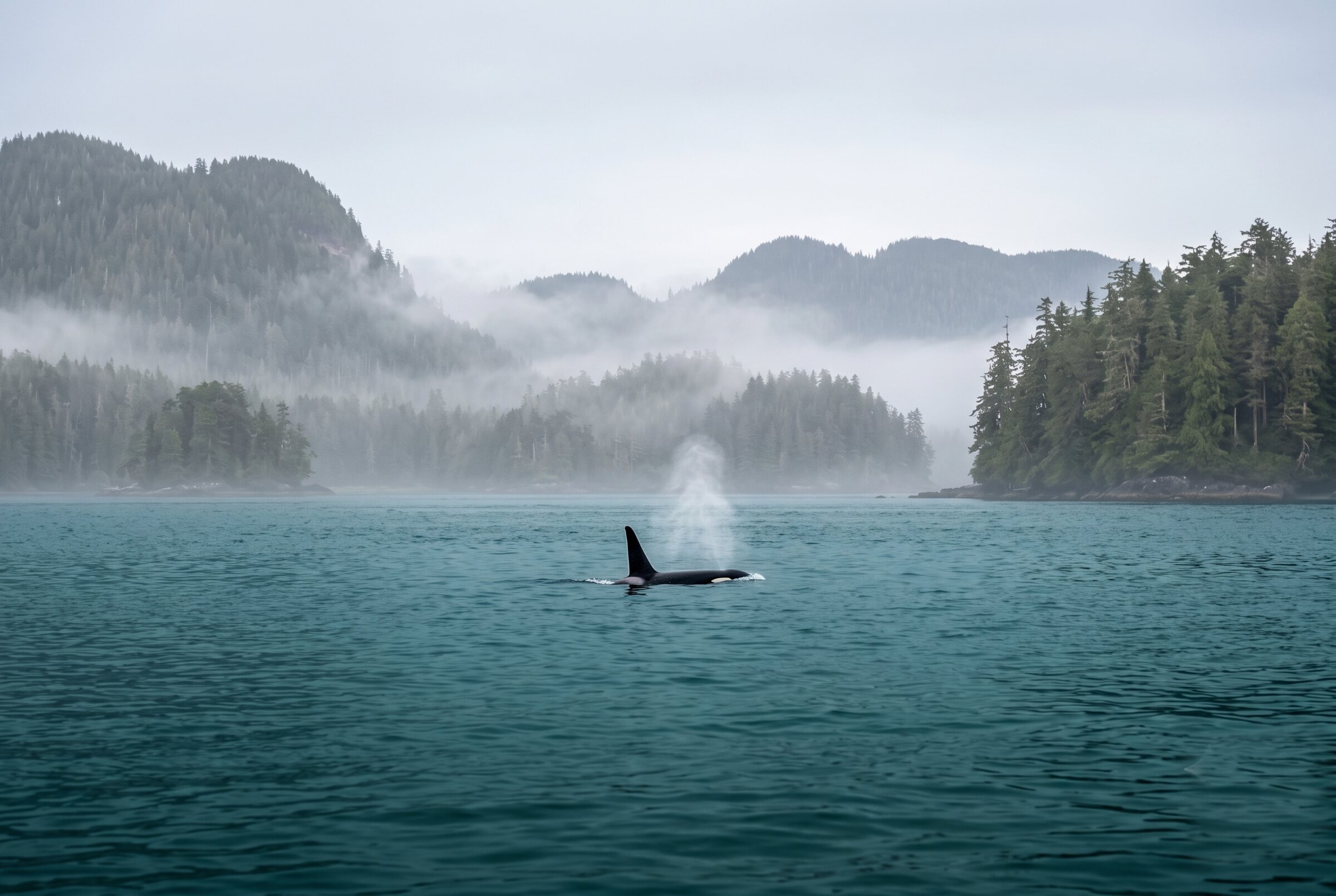 Wild orca (killer whale) surfacing and blowing at a distance in the calm, misty waters of Clayoquot Sound near Tofino, forested islands behind — marine wildlife sometimes seen from the water