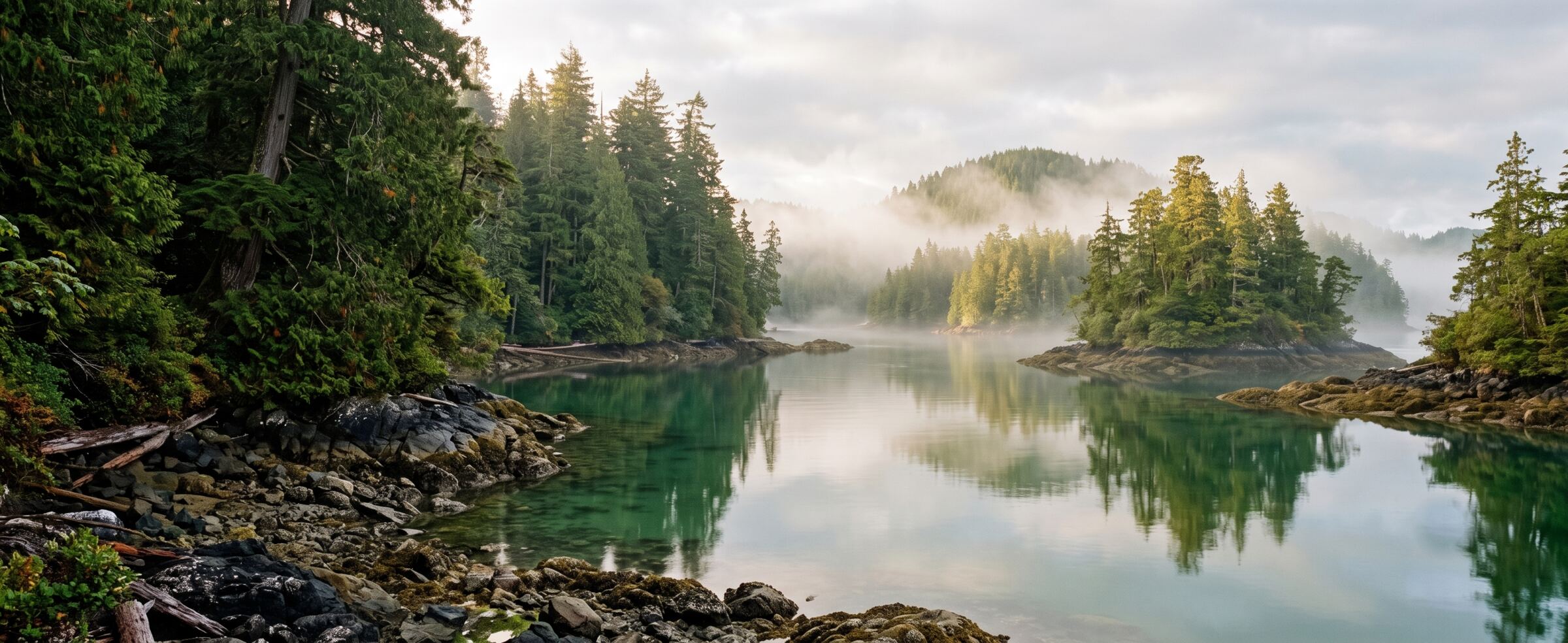 Quiet hidden cove and forested islets at dawn — build-your-own private charter day near Tofino