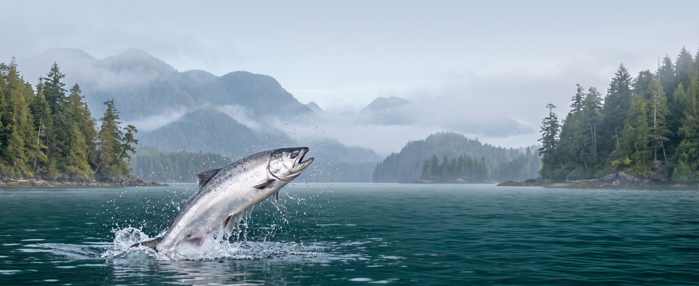 Wild Chinook salmon jumping in calm coastal water — Tofino salmon fishing trips